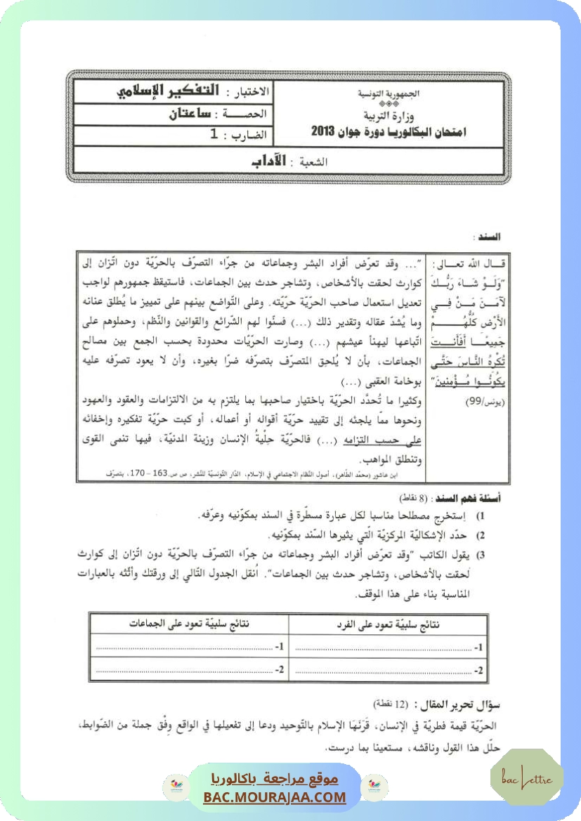 Sujet principale pense_islam Bac 2013 – Section lettre